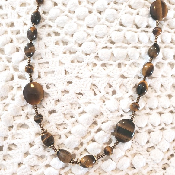 Source Unknown Jewelry - Tiger's Eye Beaded Necklace Womens Long Brown Gemstone Gold Tone Barrel Clasp
